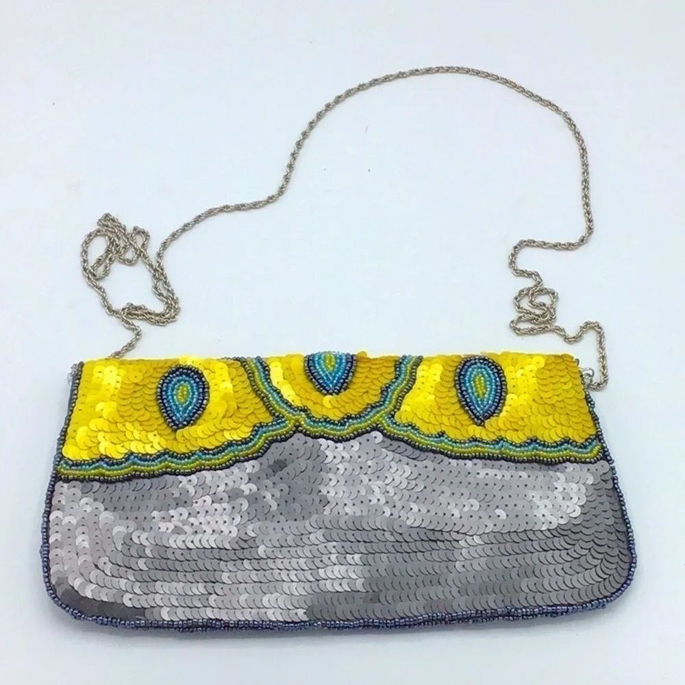 KC MALHAN AQUA BALI SEQUIN BEADED CLUTCH HANDBAG